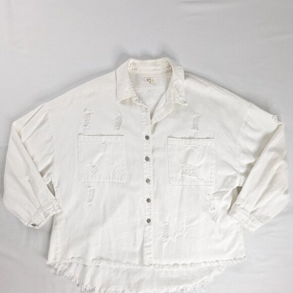 POL Jackets & Blazers - POL Distressed White Denim Oversized Button Up Raw Hem Jacket